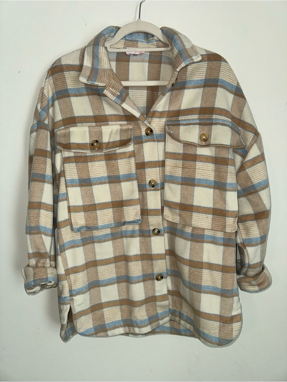 Pink Lily Plaid Utility Shacket in Cream, Tan & Blue